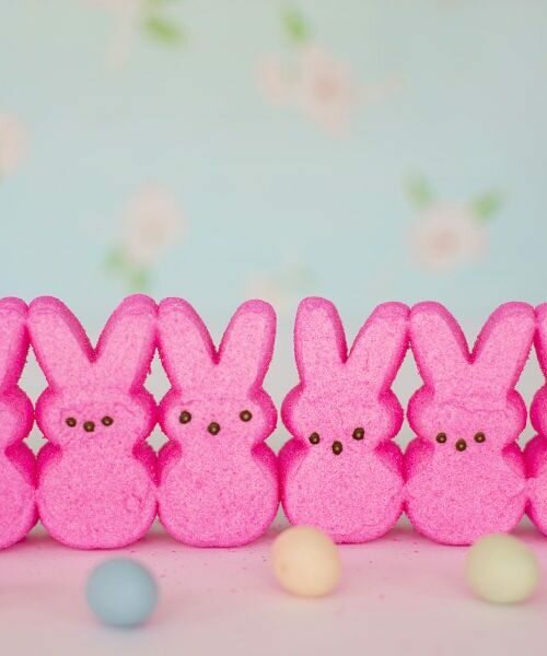 this is a picture of 8 little pink candy bunnies