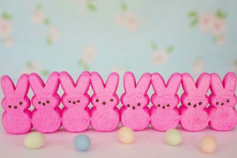 this is a picture of 8 little pink candy bunnies