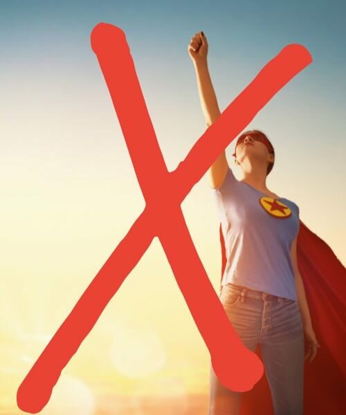 this is an image of a woman dressed as a superhero and there is a big red cross over the picture